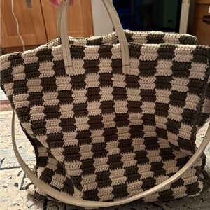 Clare V Cream and Olive Checkered Tote Bag